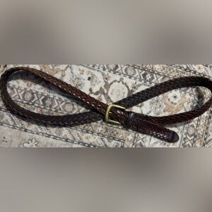 Woven Braided Brown Leather Belt - Genuine Leather - Antique Brass Buckle - 40